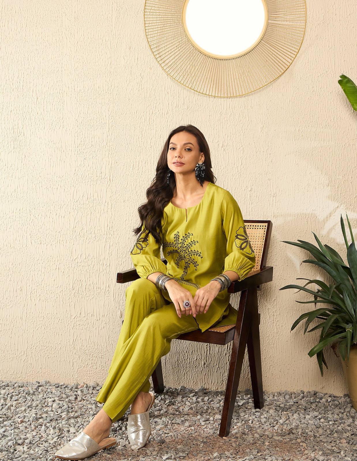 Women's mustard Tropical Palm Tree Embroidered  Co-ord Set with Scalloped Hem, Lantern Sleeves & Matching Straight Trousers (2-Piece Ethnic Ensemble)