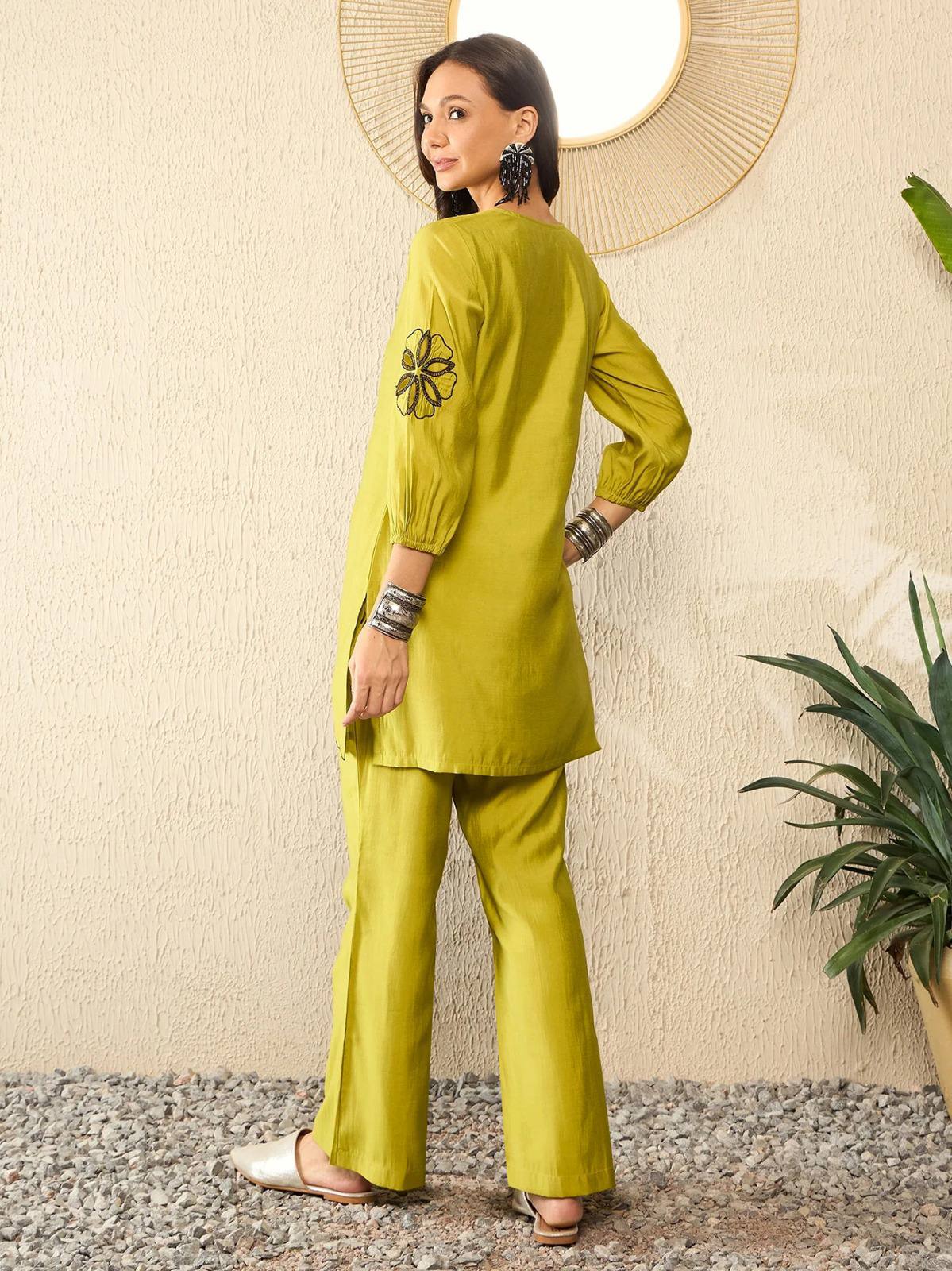 Women's mustard Tropical Palm Tree Embroidered  Co-ord Set with Scalloped Hem, Lantern Sleeves & Matching Straight Trousers (2-Piece Ethnic Ensemble)